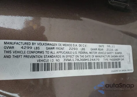 2011 Volkswagen Jetta 2.0L Tdi из США, поврежденный, VIN 3VWLL7AJ6BM124470